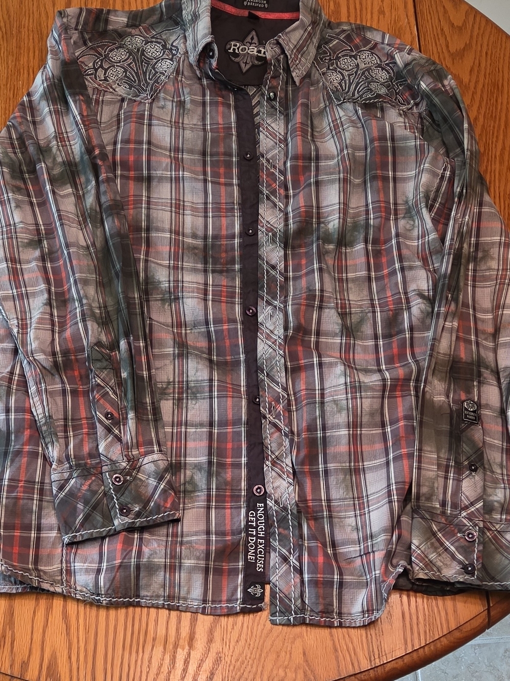 Roar Men's Gray Plaid Button-Down Shirt with Red Accents